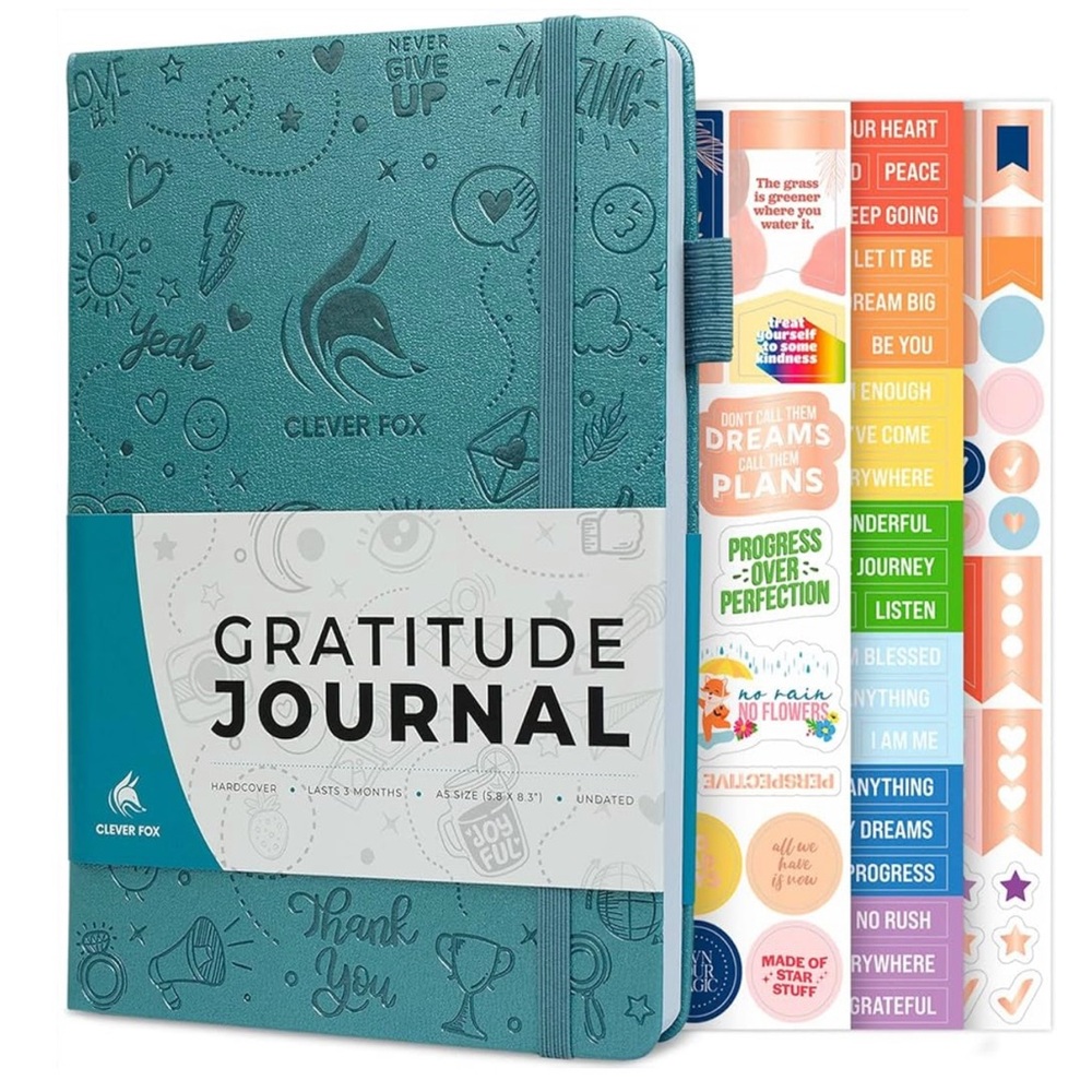 Clever Fox Gratitude Journal with Stickers, aquamarine color. Size 7.5”x10.5.